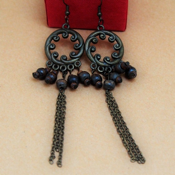 Vintage Jewelry - Bronze Wood Beads Tassel Earrings! Mix/Match 3/$15